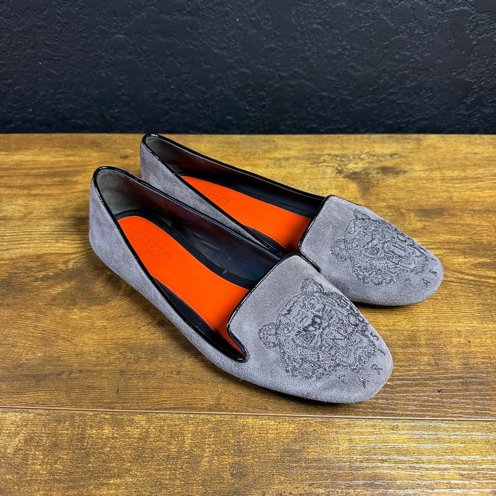 Kenzo Tiger Head Grey Suede Embroidered Flats Women Size 36.5 US 6.5